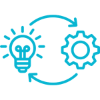 An icon showing a lightbulb with radiating lines, connected by a circular arrow to a gear icon.